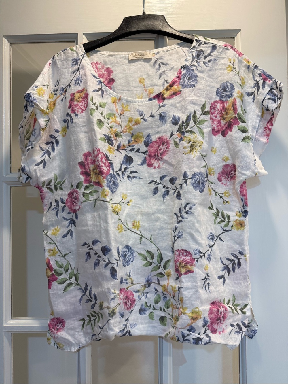 Floral Linen Scoop Neck Top - White with Pink & Blue Flowers